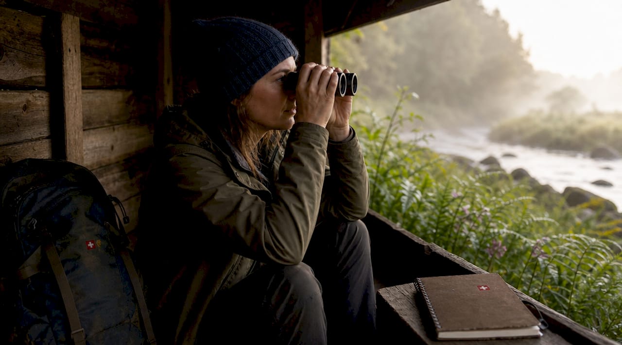 Wildlife guide observing animals from hide