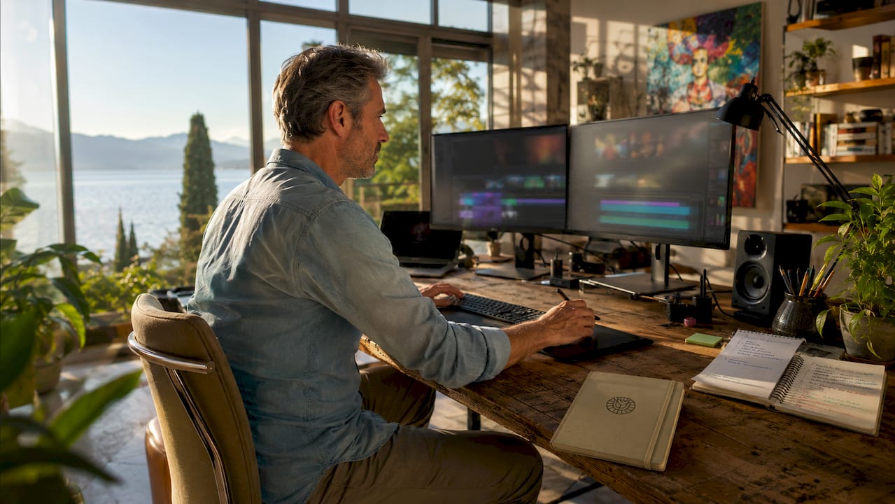Video editor hands working with multilingual notes and tablet