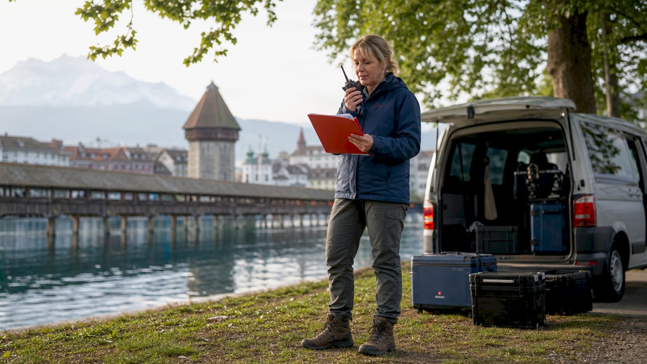 Swiss location manager coordinating film shoot outdoors