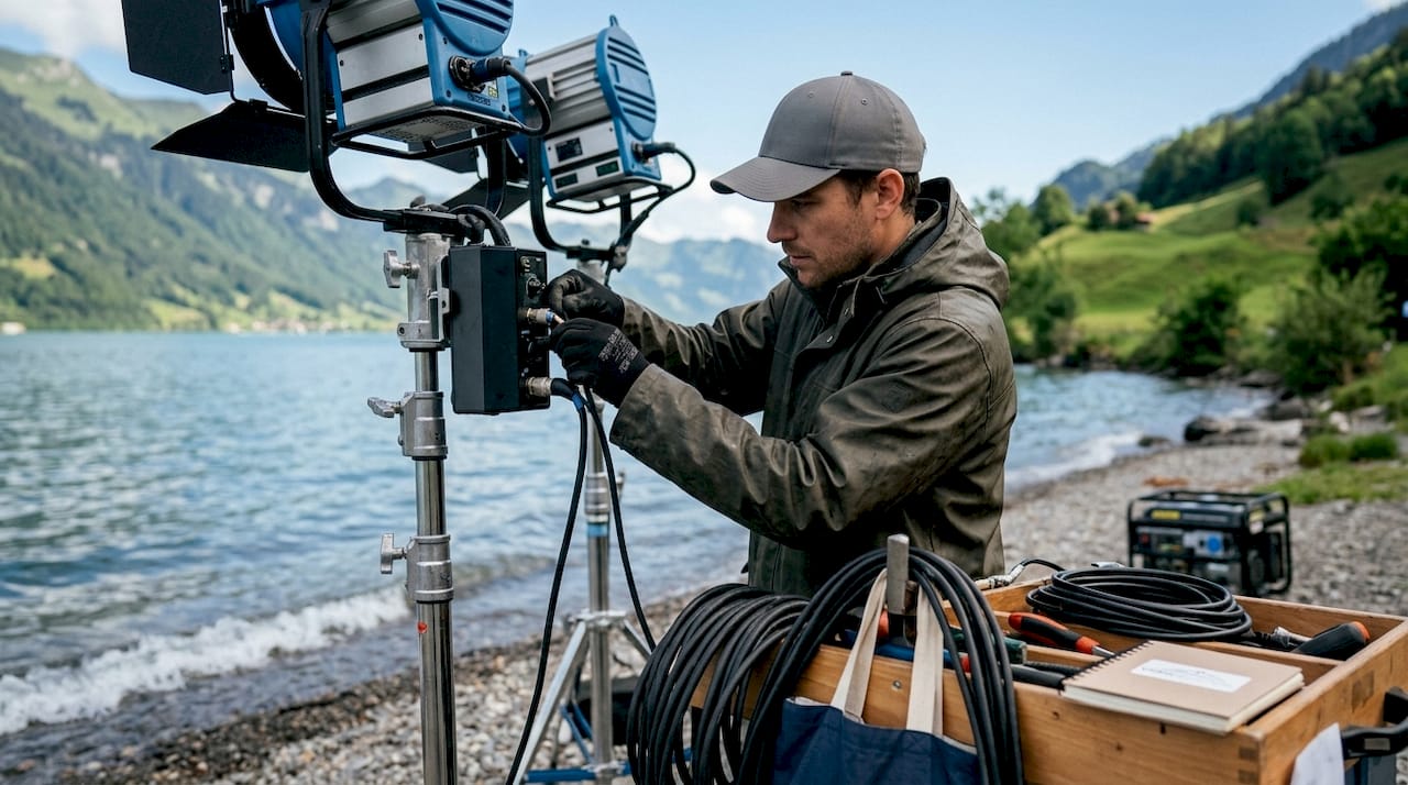 Technician adjusting lighting rig on Swiss mountain set