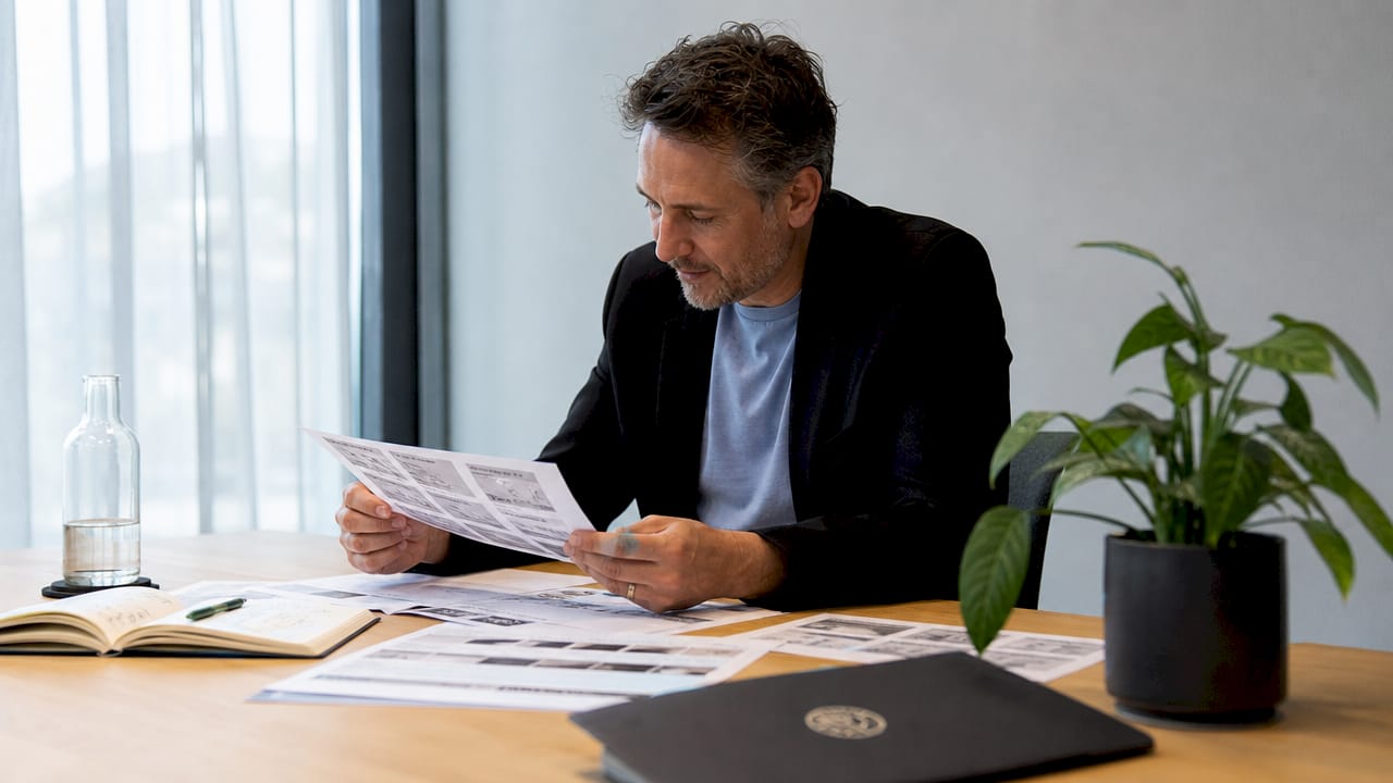 Un professionnel de l’audiovisuel en pleine analyse de dossiers de projet dans son bureau.