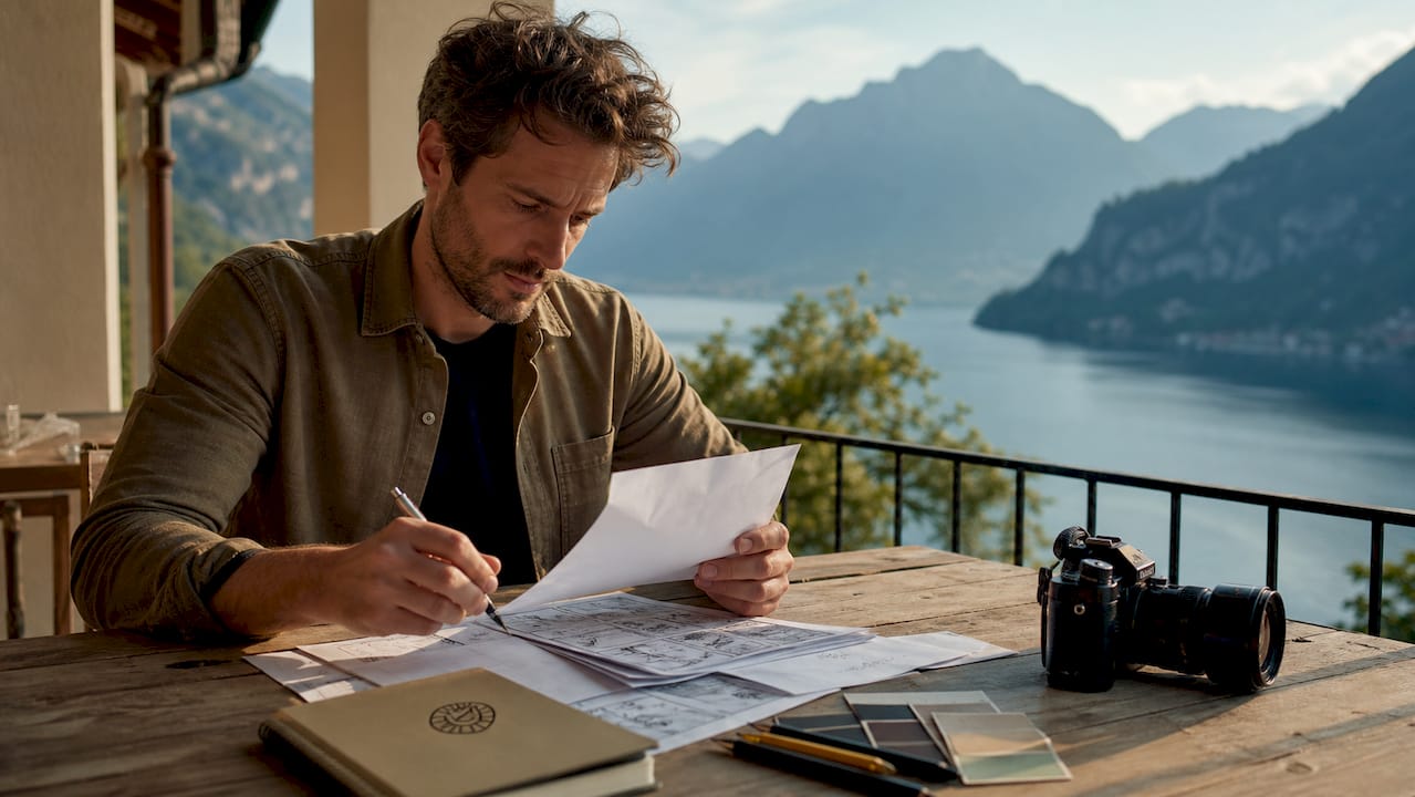 Swiss audiovisual producer reviewing storyboards