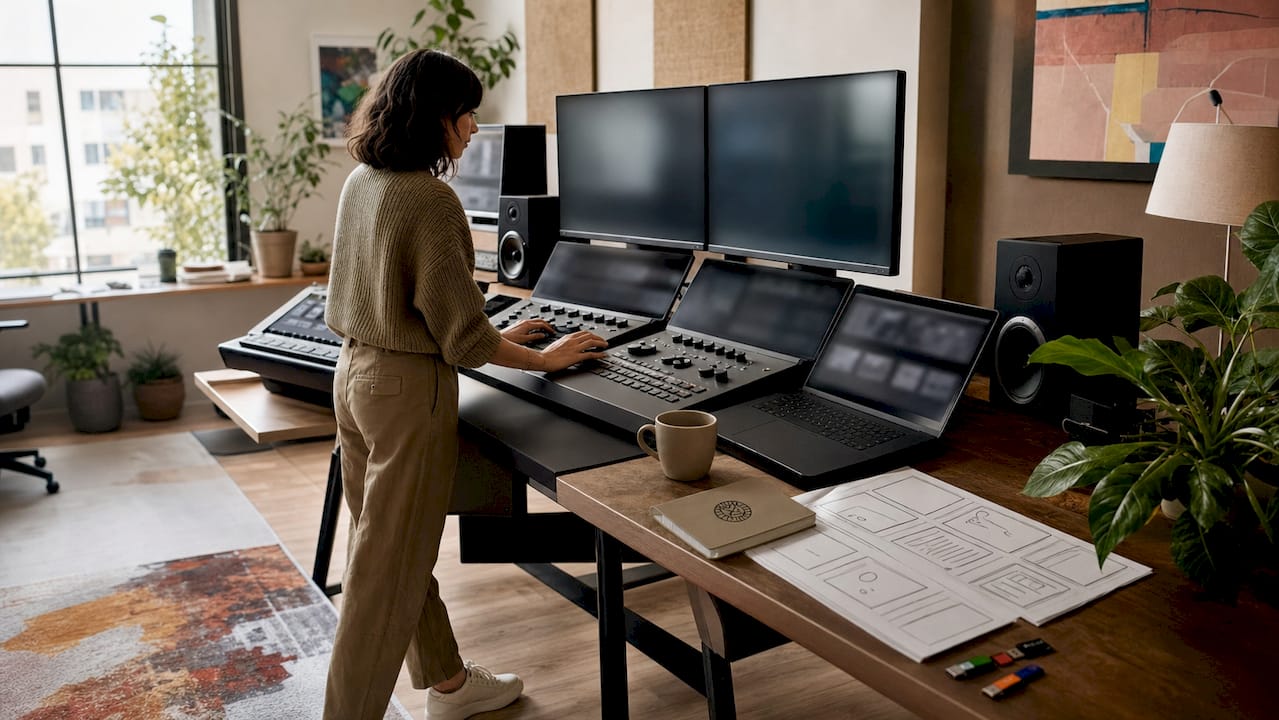 Hands operating video editing console