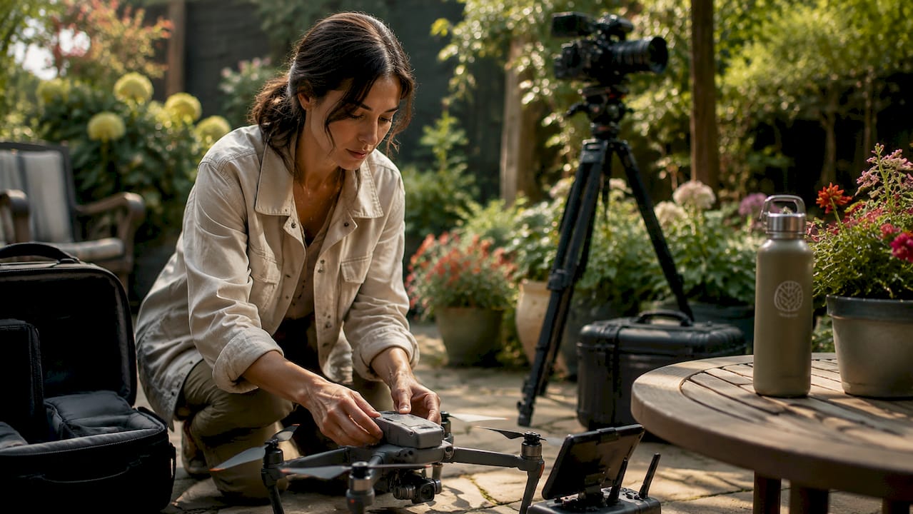 Videographer preparing drone for property shoot