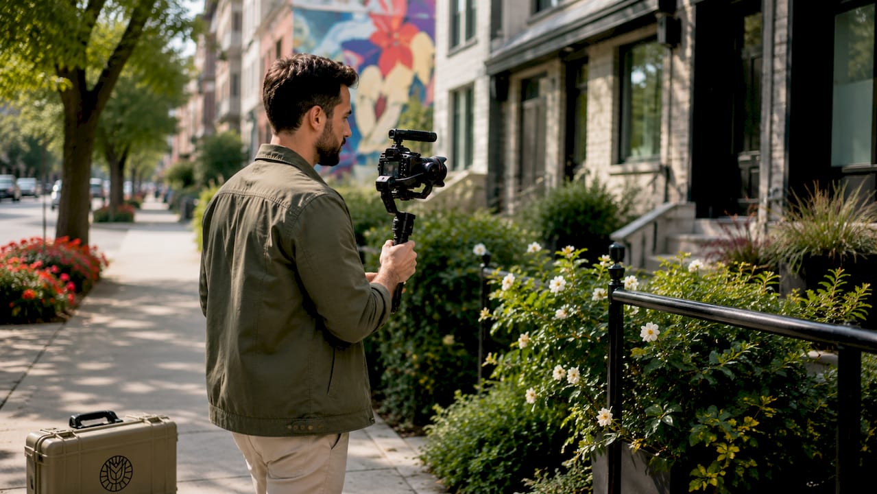 Videographer filming suburban home exterior