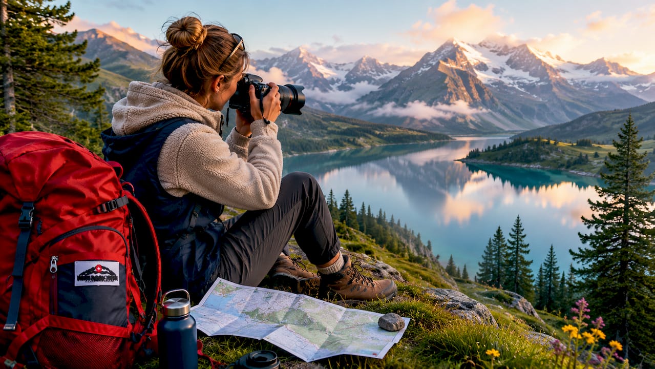 Filmmaker scouting Swiss alpine location outdoors
