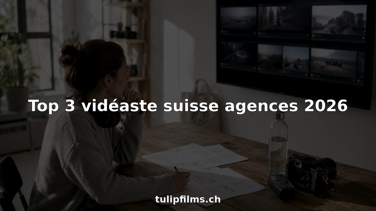 Dans un studio d’agence en Suisse, une vidéaste s’affaire au montage de ses projets vidéo.