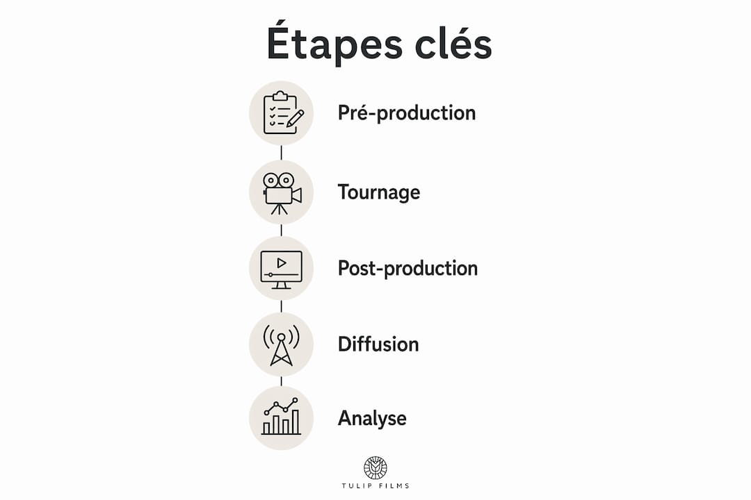 Découvrez en un coup d’œil les différentes étapes incontournables de la réalisation d’un projet audiovisuel grâce à notre infographie détaillée.