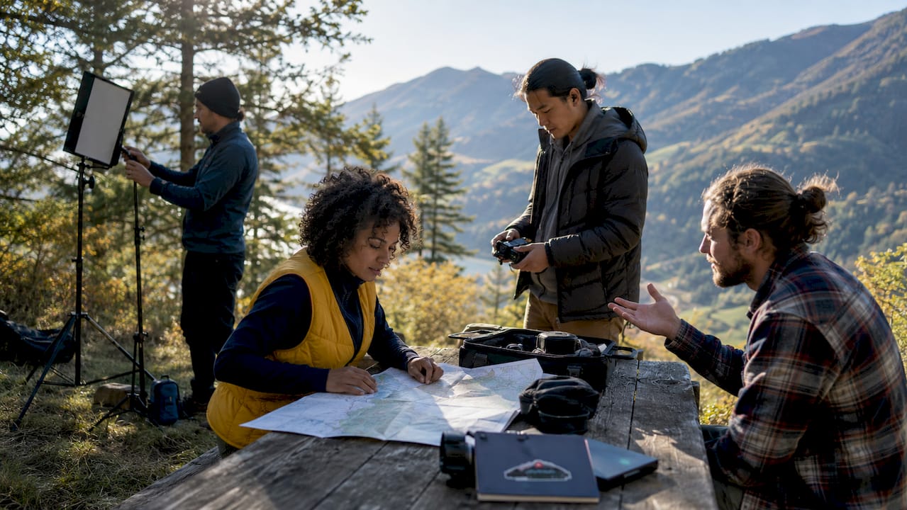 Film crew coordinating equipment in Swiss Alps