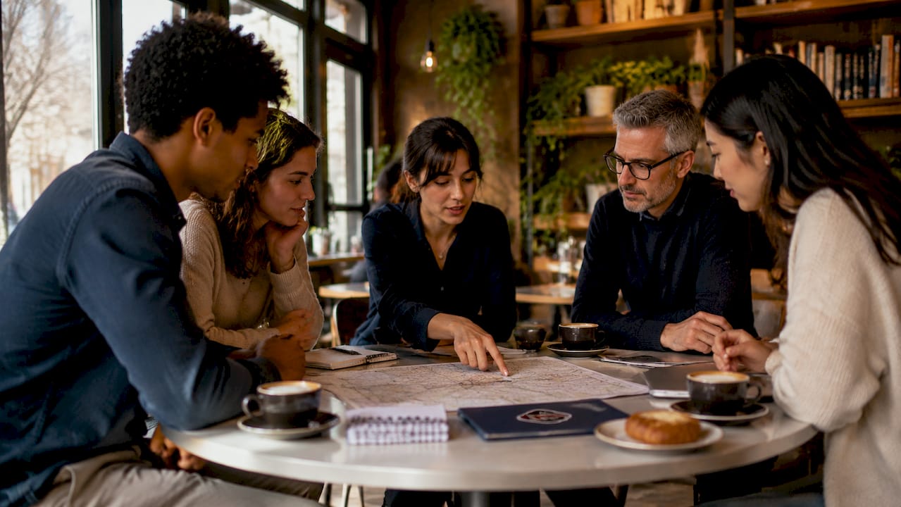 International film crew in production planning meeting