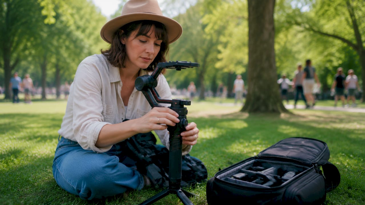 Un vidéaste s'apprête à installer son matériel pour un tournage en plein air.