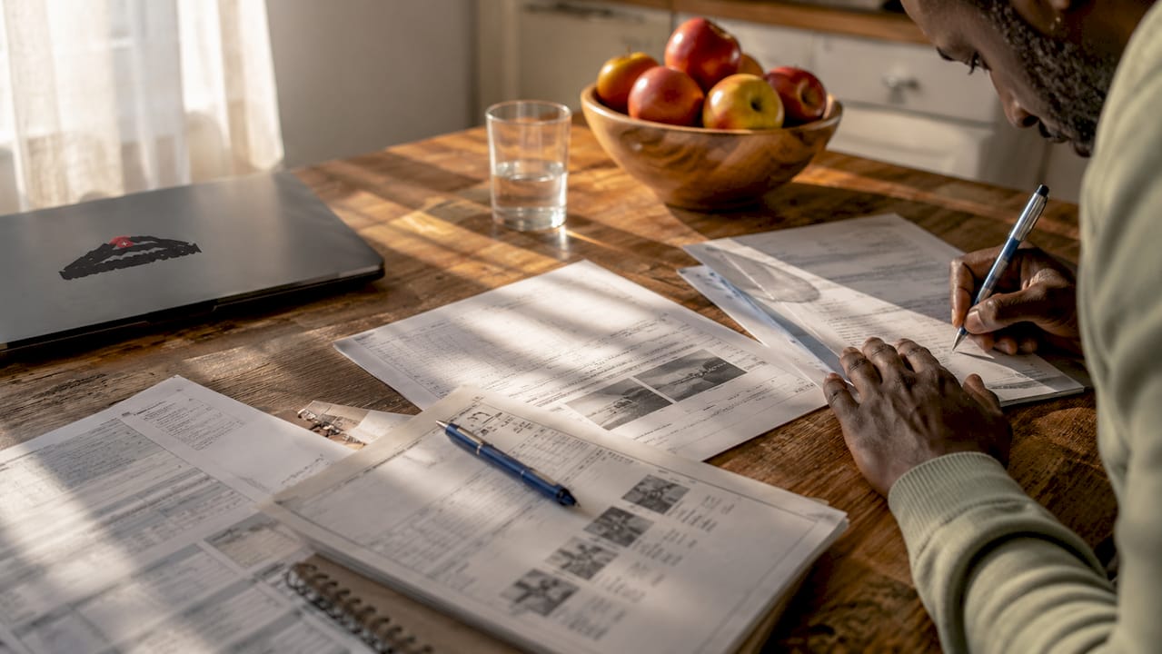 Overhead view of video production paperwork and permit forms