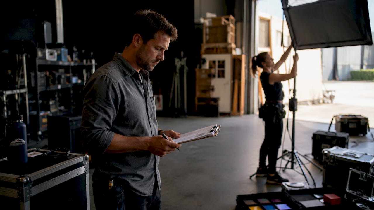 Production manager reviewing film crew call sheets in studio