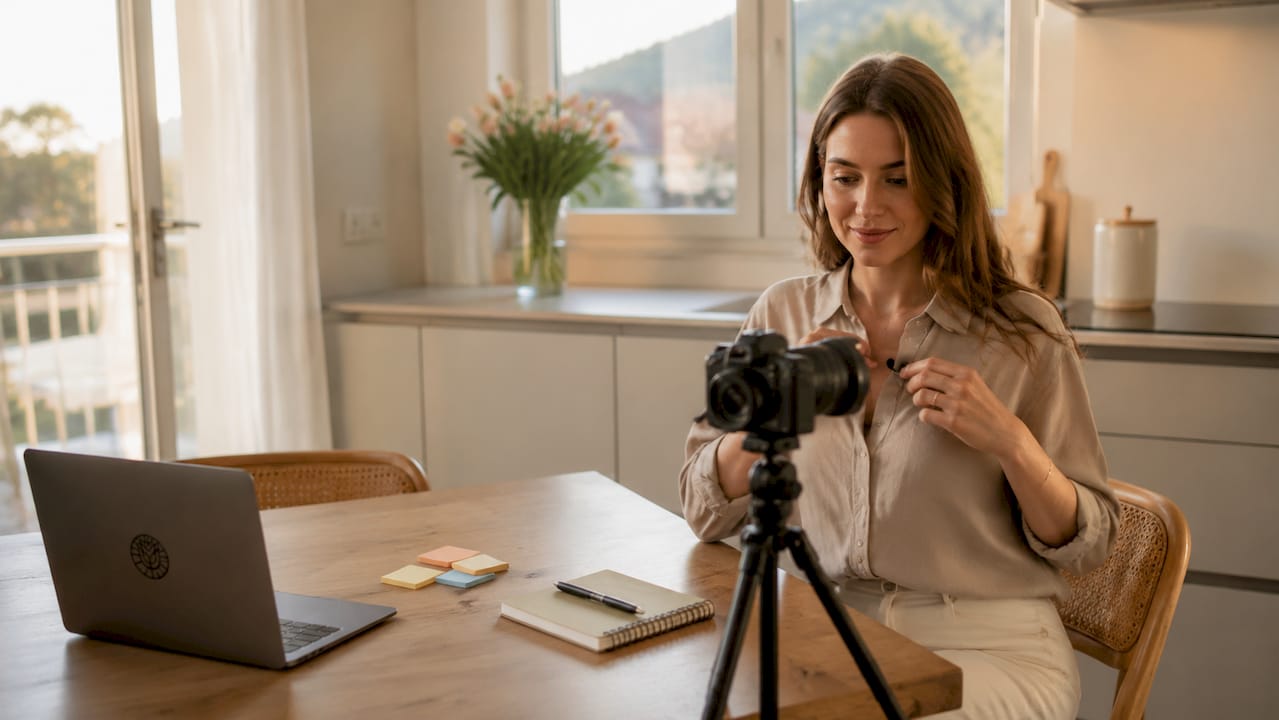 Woman recording social media video at home office