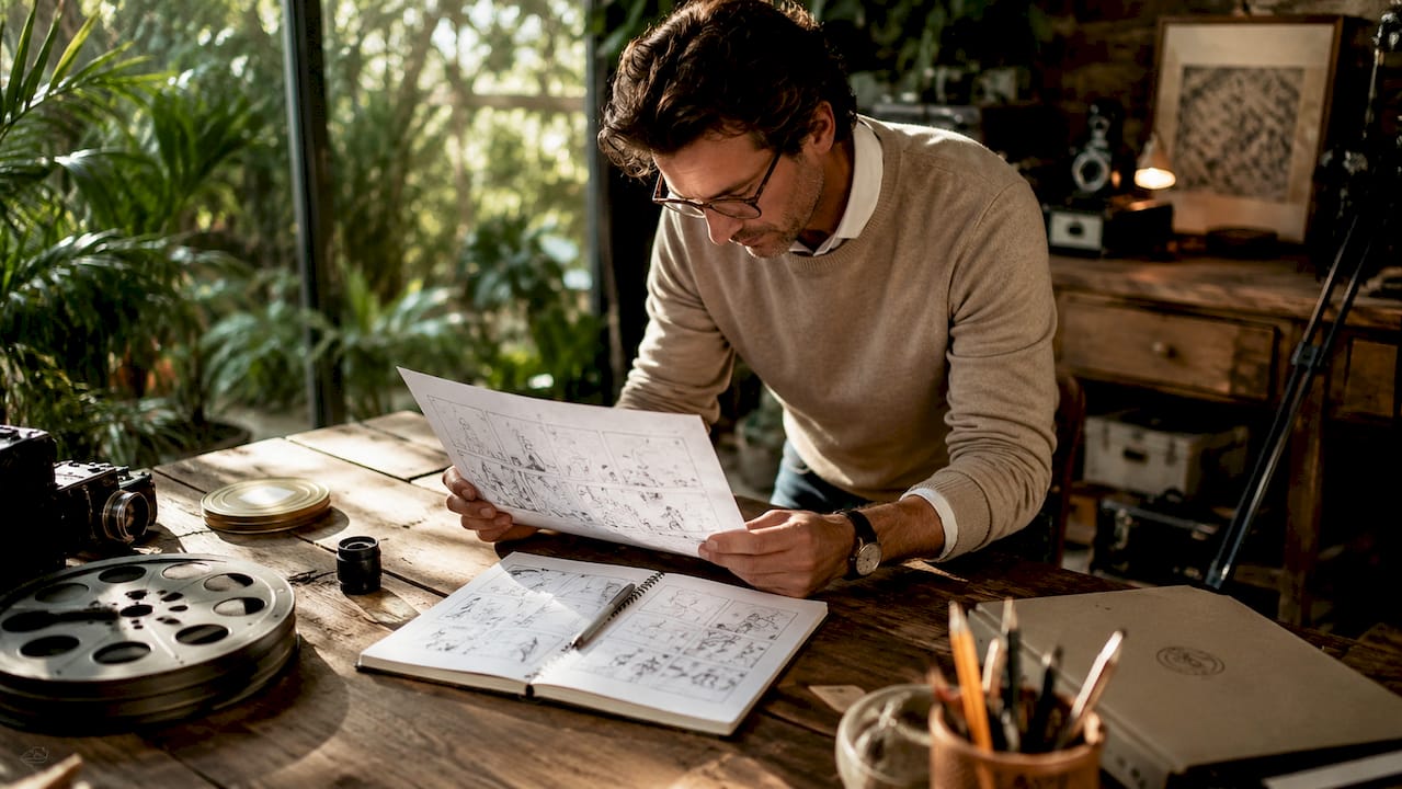 Audiovisual producer reviewing storyboard in office