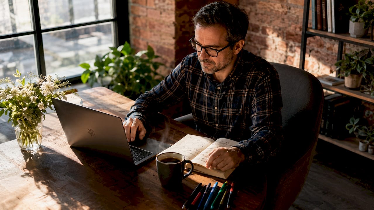 Un responsable marketing en pleine séance de travail au bureau, concentré sur la création de sous-titres pour une vidéo.