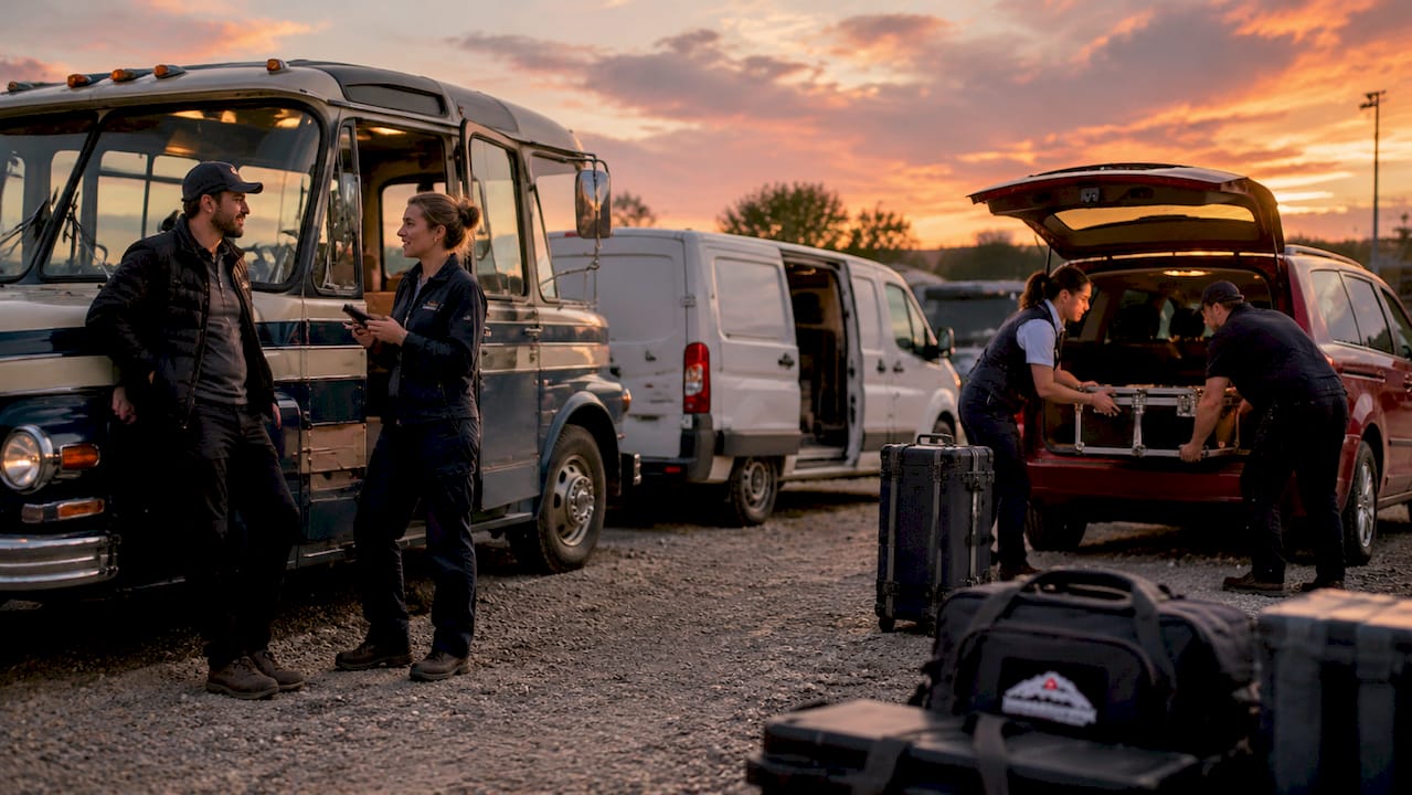 Crew and equipment transport vehicles outdoors