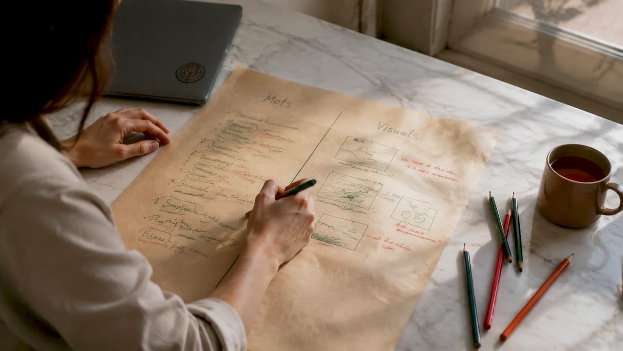 Tableau récapitulatif du script vidéo, accompagné de notes manuscrites