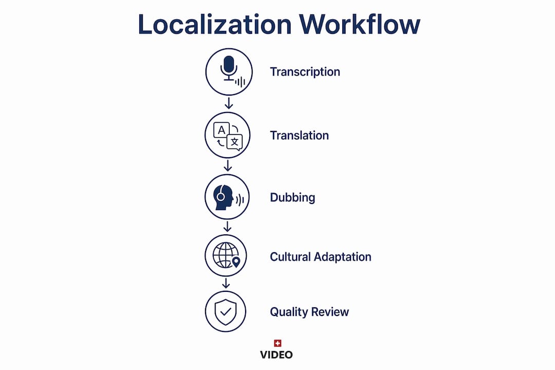 Infographic showing multilingual video production workflow steps