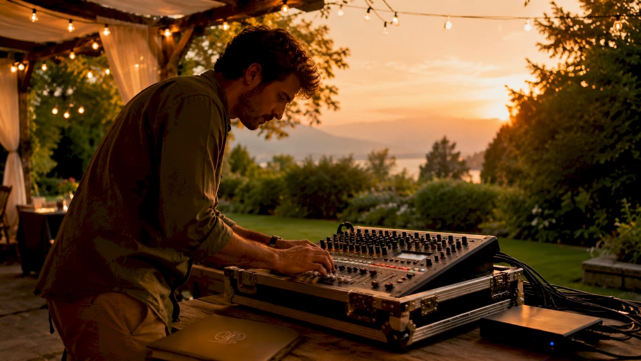 Technician adjusting live audiovisual equipment at event