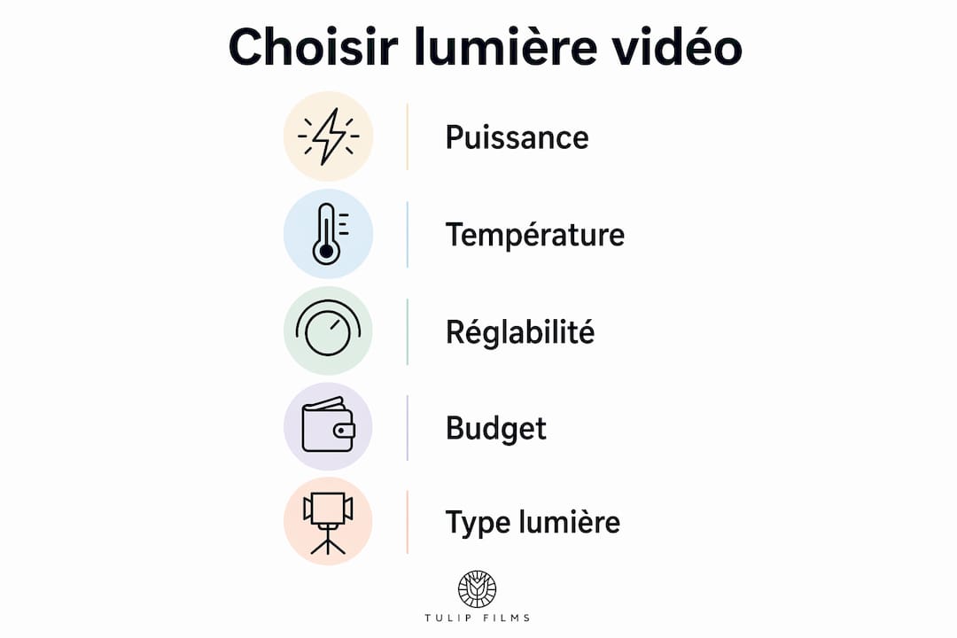 Infographie détaillant les différentes étapes pour choisir les sources de lumière adaptées à la réalisation d’une vidéo.
