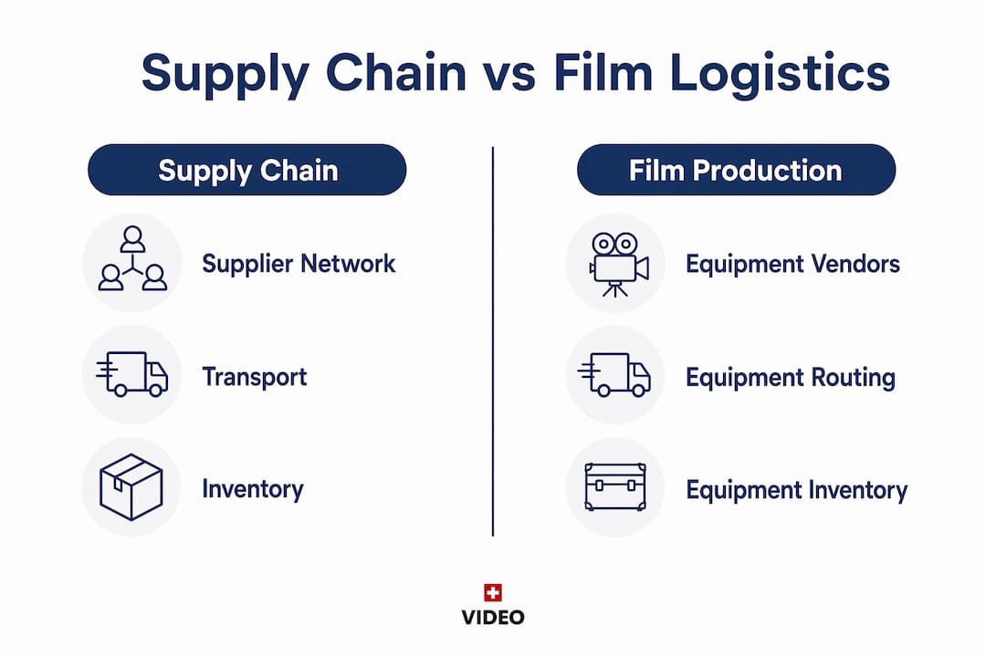 Infographic comparing supply chain elements to film production logistics