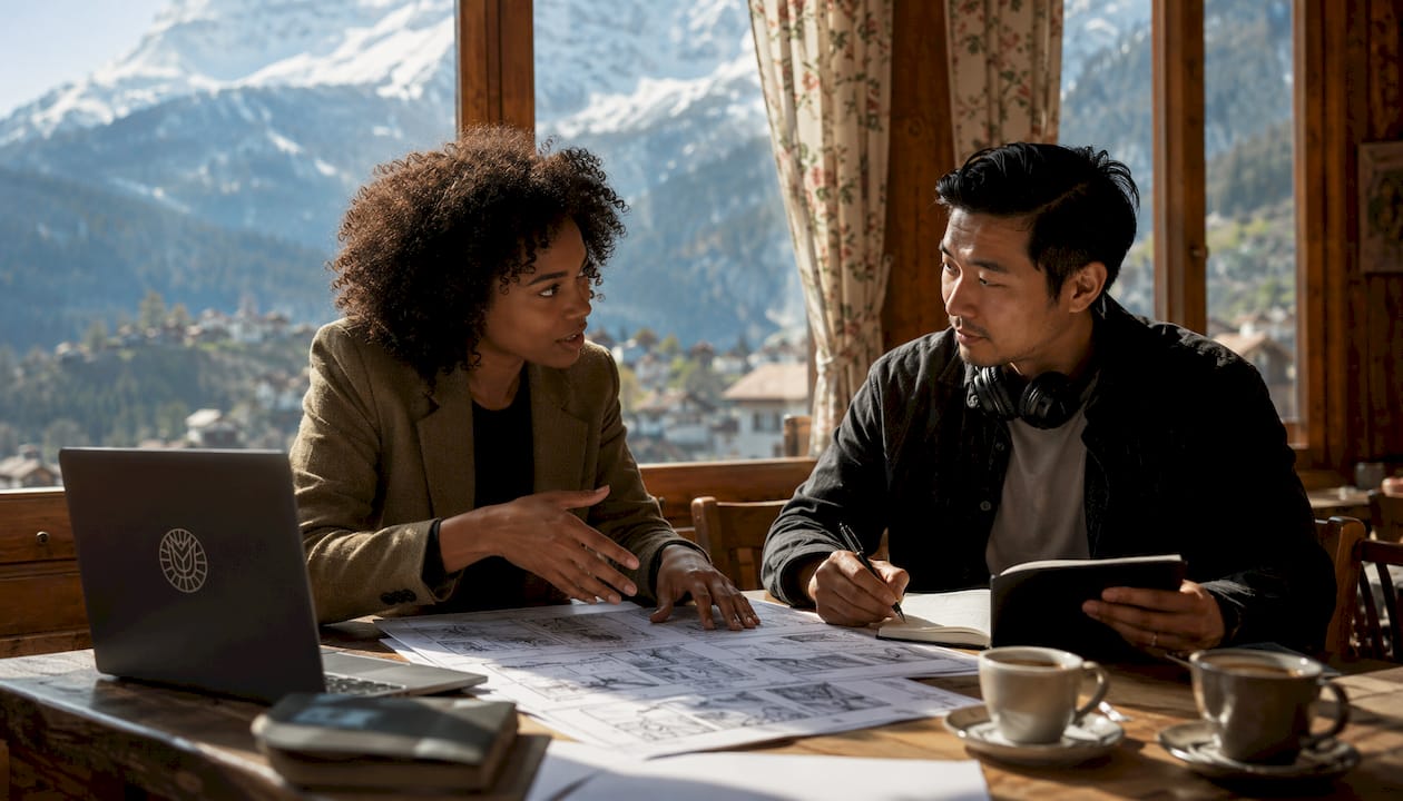 Film production team collaborating in Swiss office
