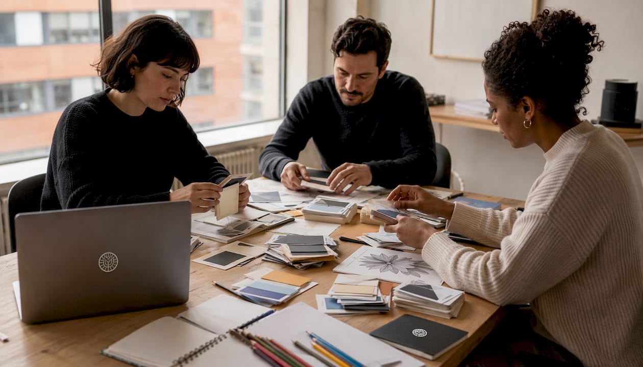 Des membres de l’équipe disposent des supports visuels sur la table lors d’une réunion de travail.