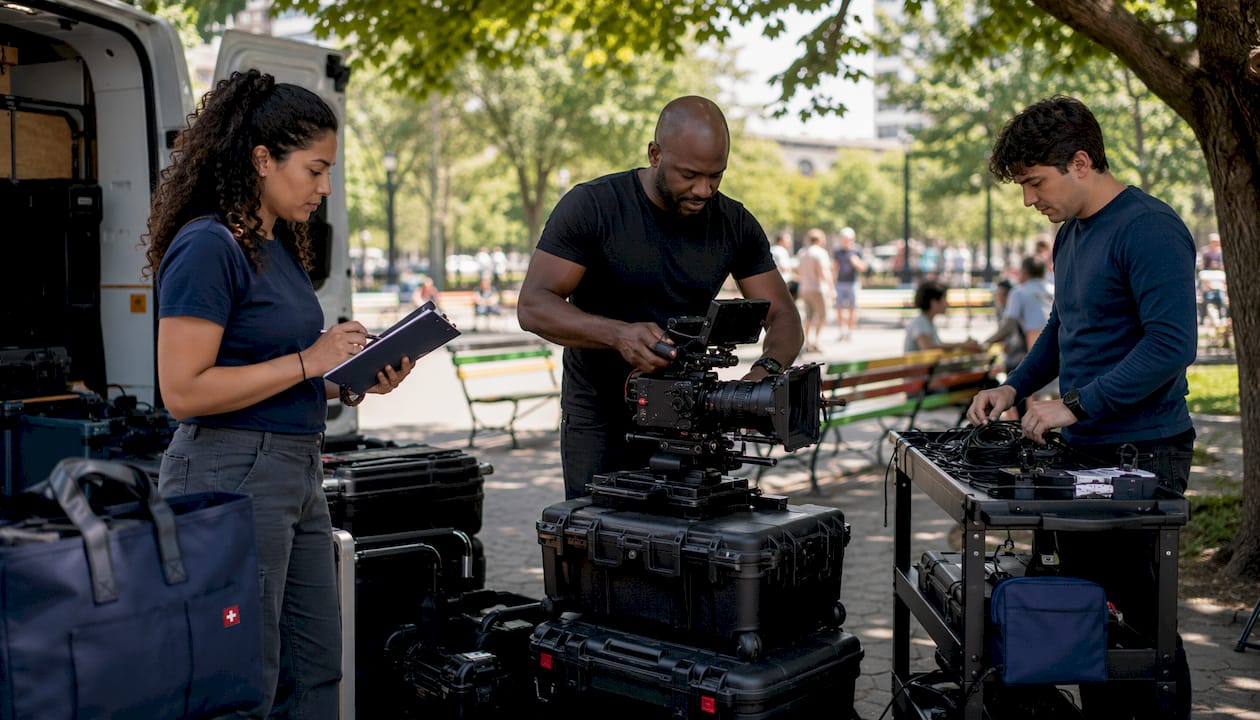Film crew inspecting camera and lighting gear