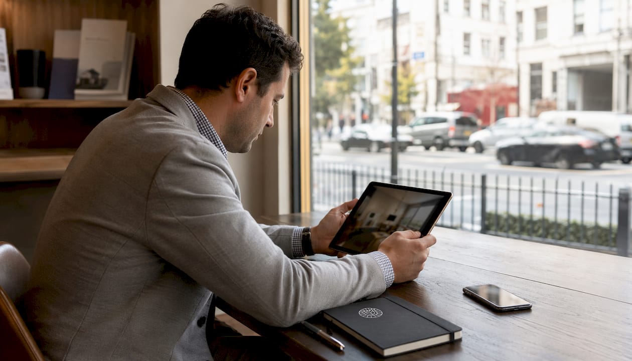 Un professionnel de l’immobilier en train de regarder une courte vidéo sur sa tablette