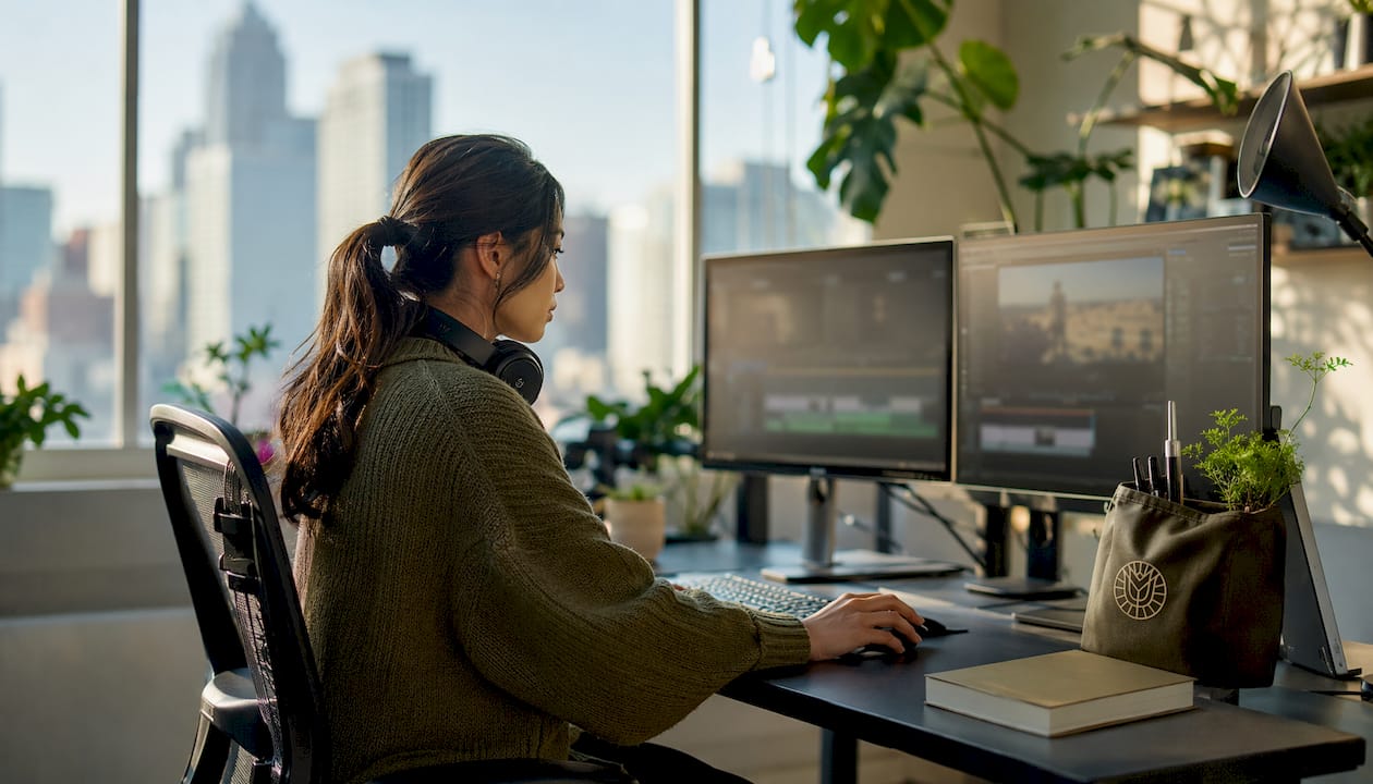 Female video editor working in post-production studio