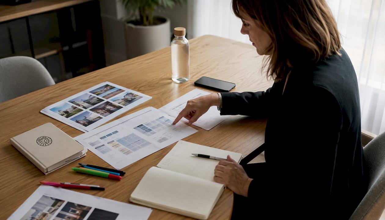 Plans et maquettes de projets immobiliers étalés sur le bureau