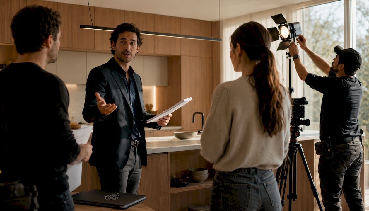 Conseiller immobilier en pleine préparation d’un reportage photo pour un bien à vendre