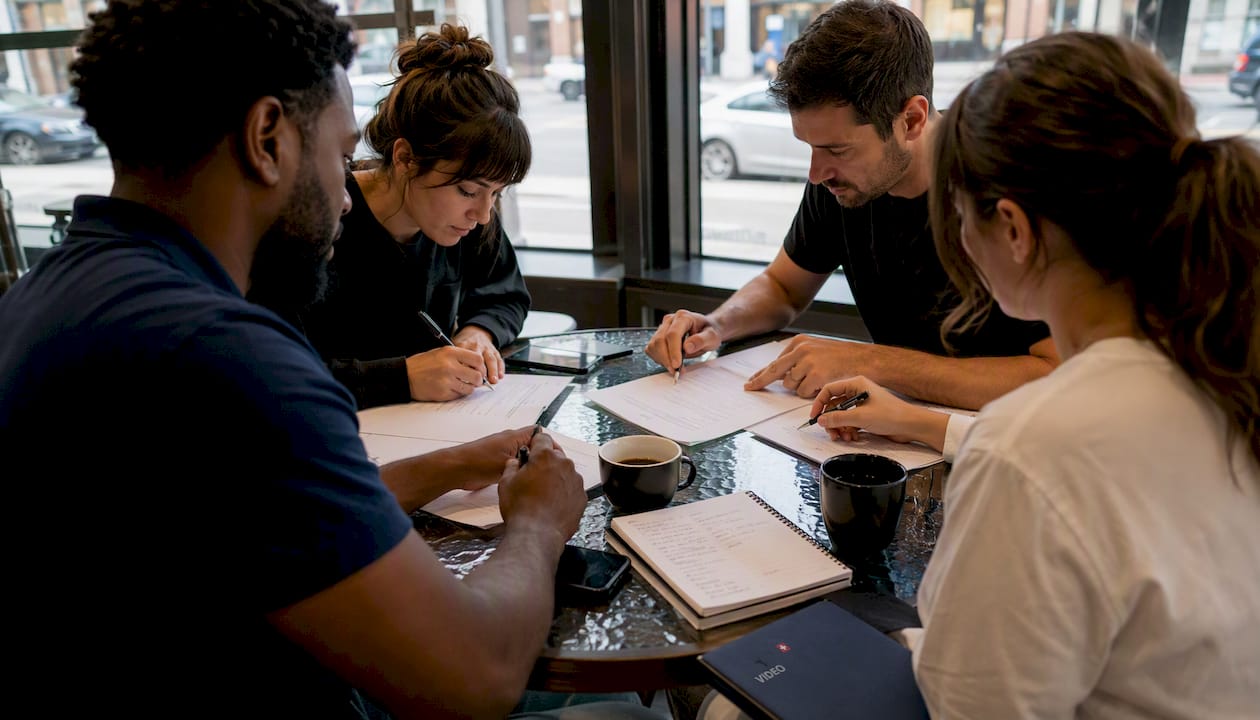 Filmcrew reviewing release forms at meeting table