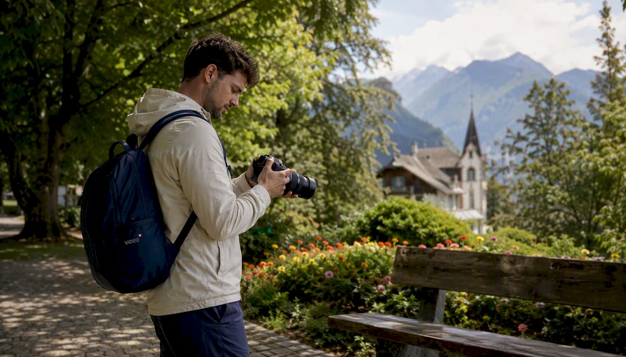 Filmmaker filming respectfully in Swiss town
