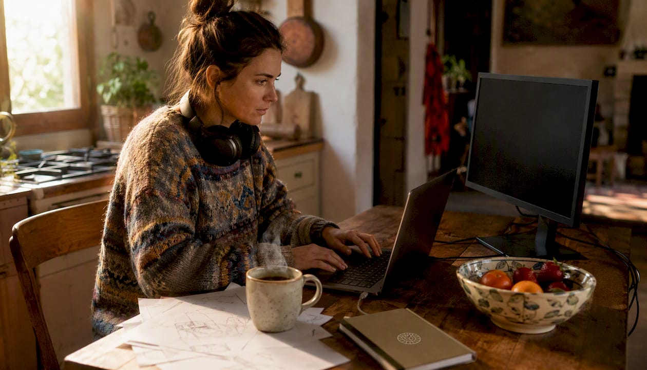 Freelance female video editor working from home office