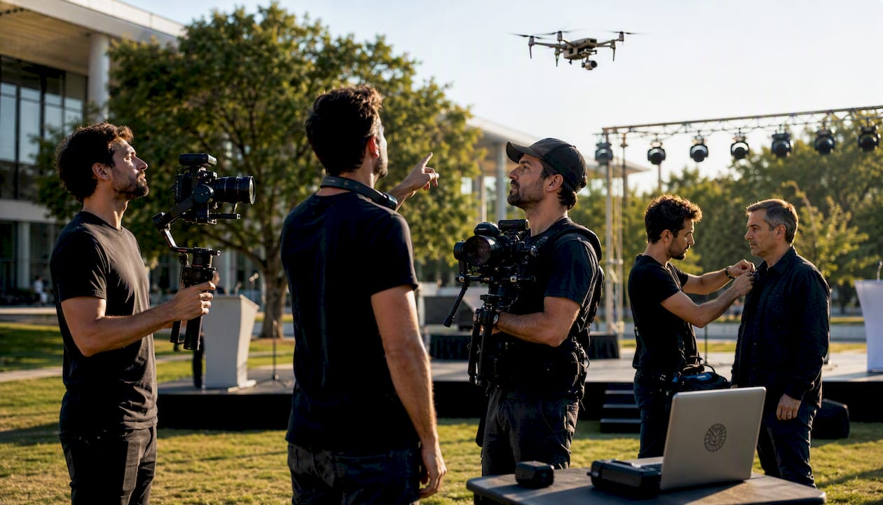 Des professionnels de l’audiovisuel assurent la captation vidéo d’un événement en intérieur.