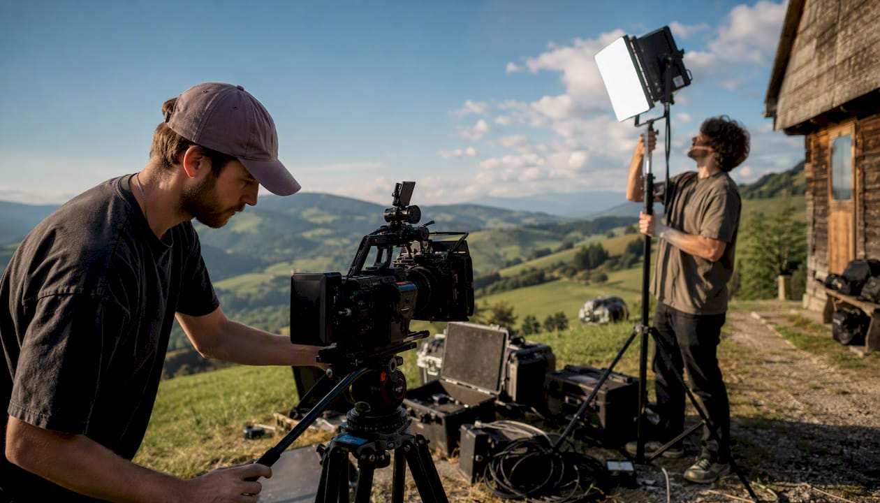 Small commercial video crew setting up gear