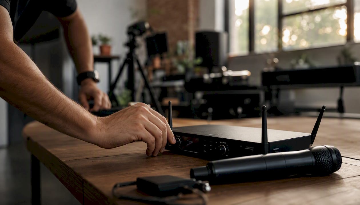 Hand adjusting wireless mic controls on mixer