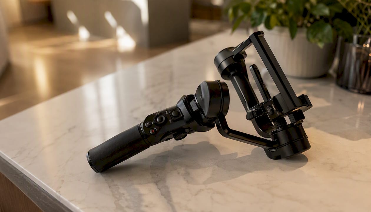 Un stabilisateur avec appareil photo posé sur la table