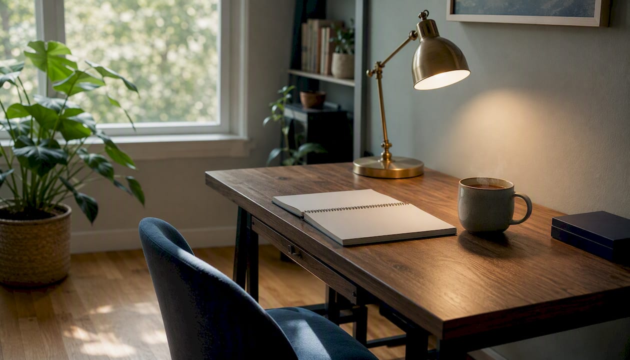 Home office corner with desk setup
