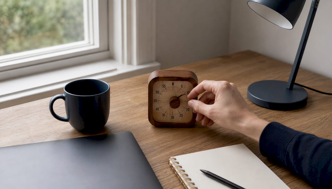 Hand setting a timer on a desk