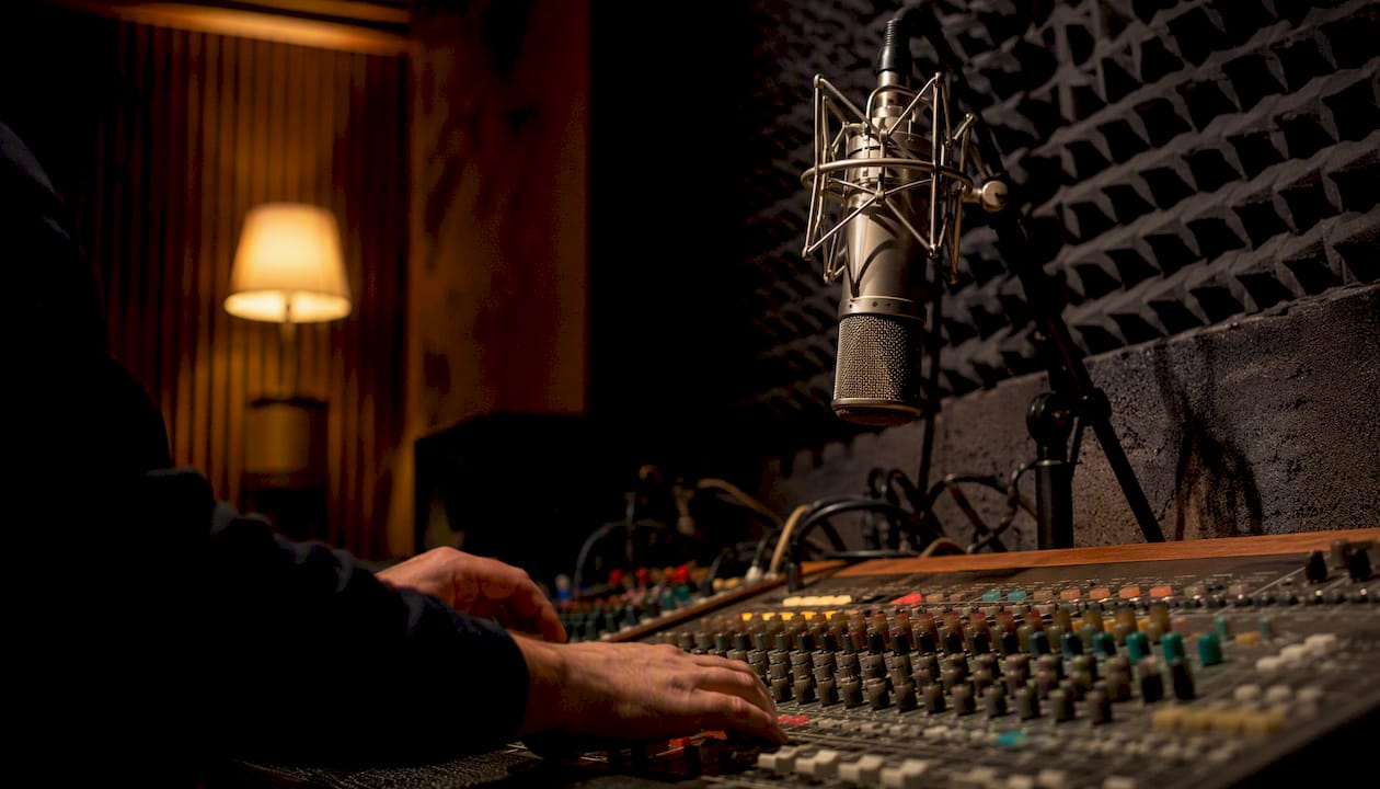 Professional microphone and mixing console in studio
