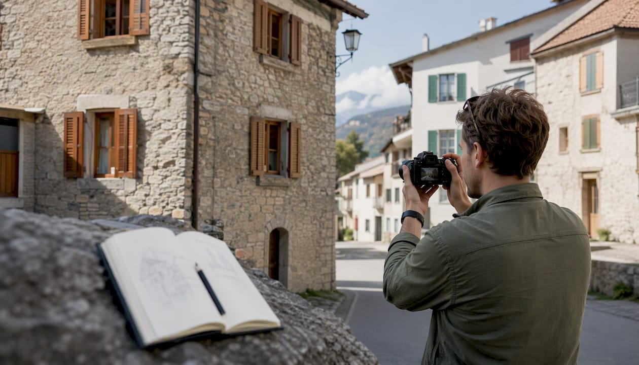Un repéreur prend des photos du site en extérieur pour préparer le tournage.