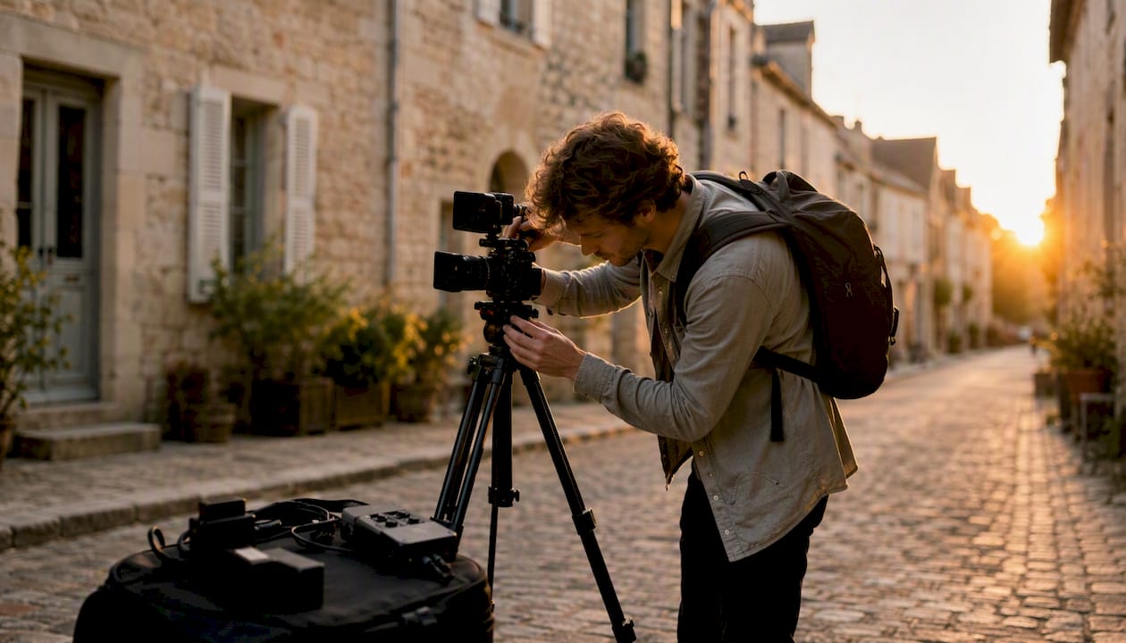 L’opérateur règle la caméra vidéo avec précision, ajustant chaque détail à la main.