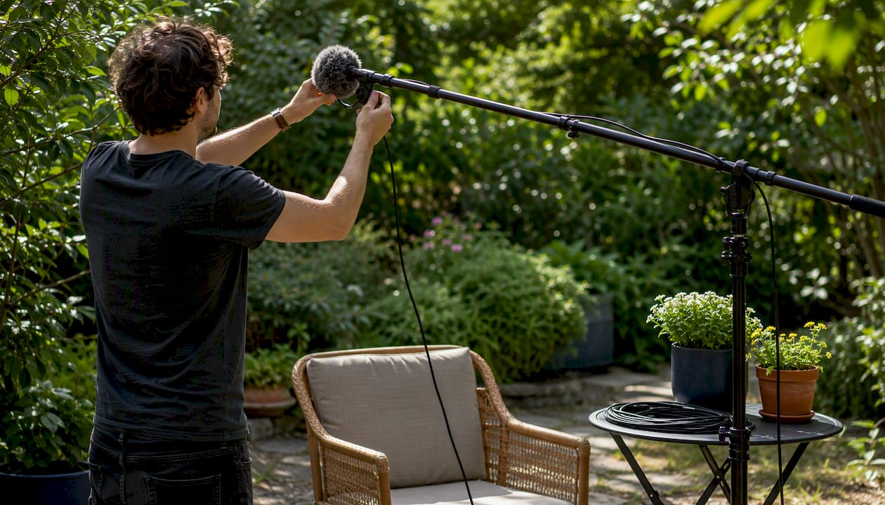 Hands adjusting shotgun mic boom