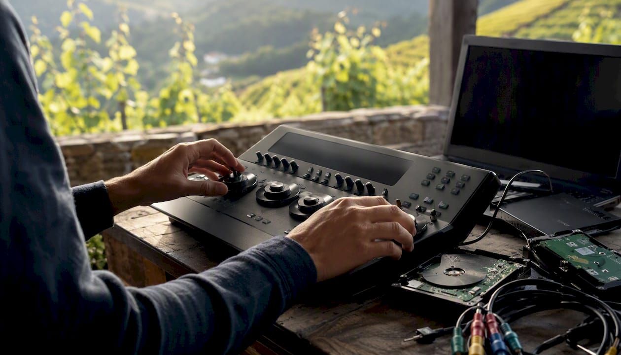 Hands adjusting color grading controls in studio