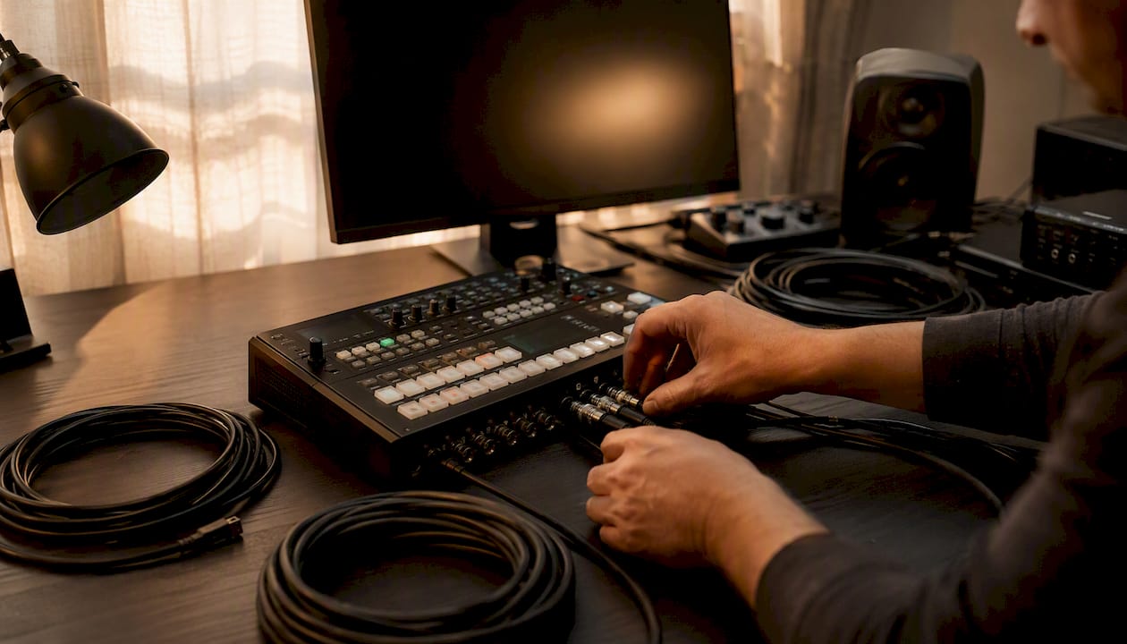 Hands connecting video cables on switcher