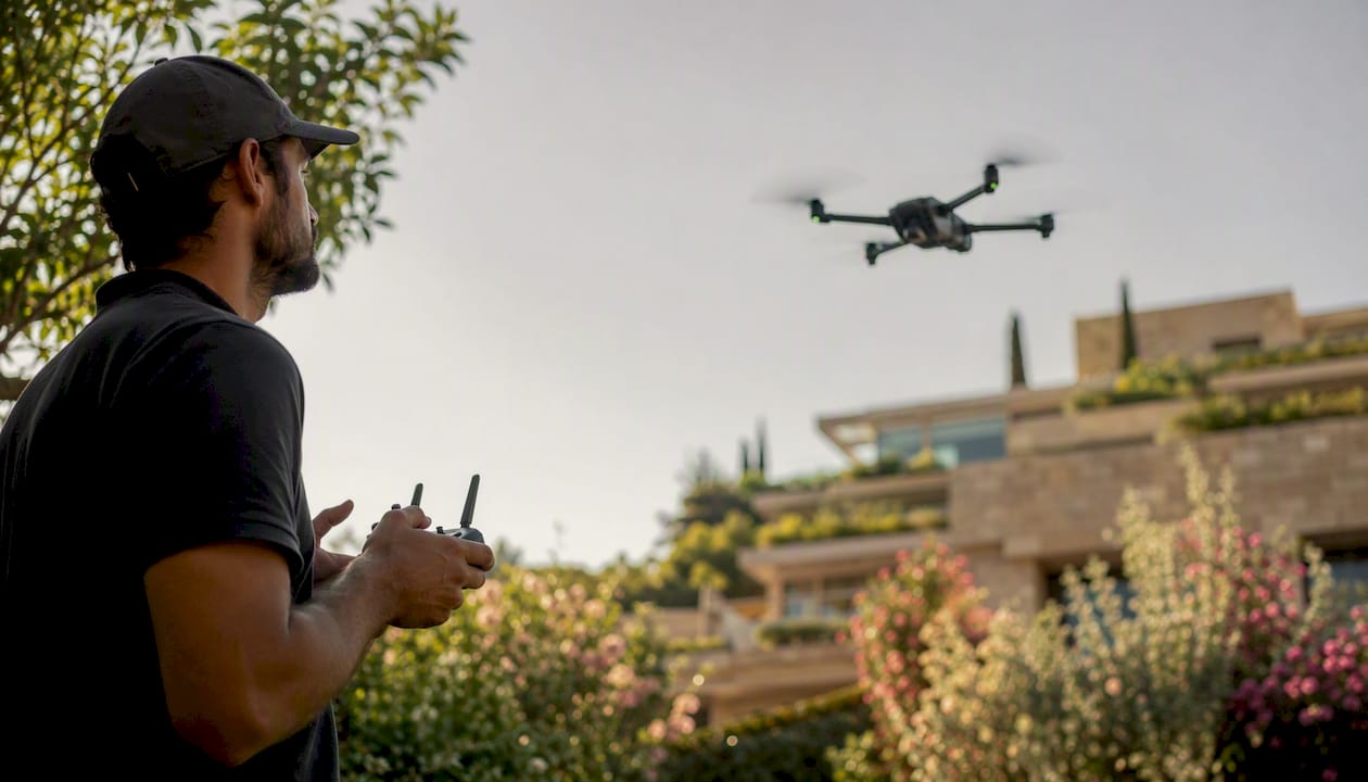 Un télépilote de drone manœuvre son appareil au-dessus d’un terrain privé.