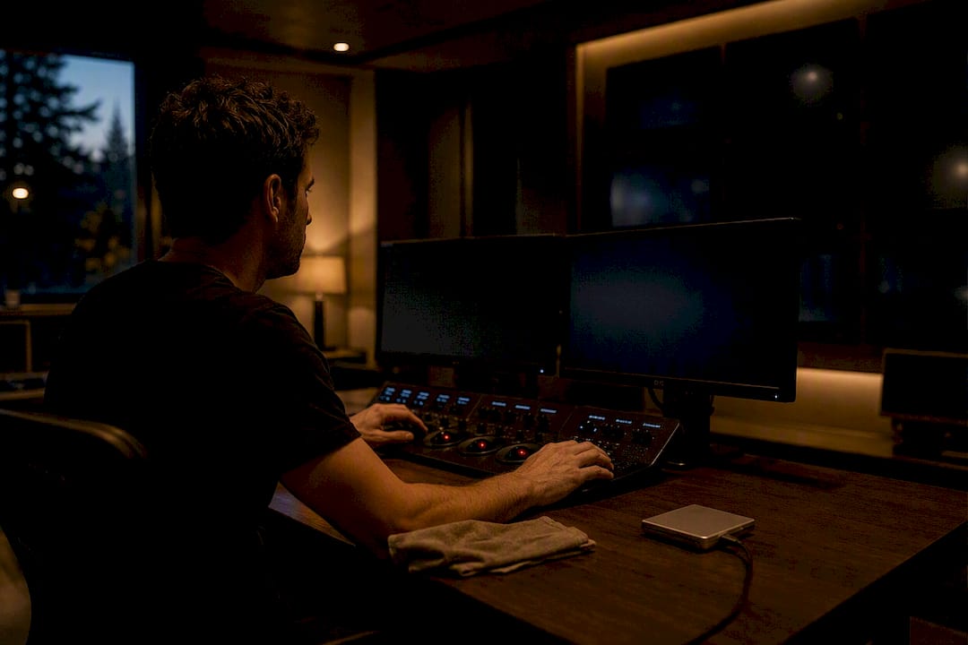 Post production suite with monitors and grading panel